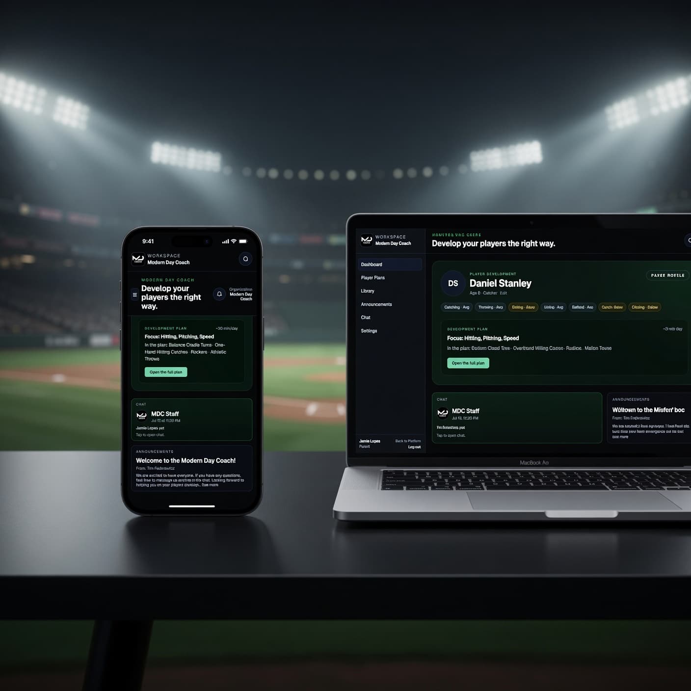 UniteHQ player development plan shown side by side on a phone and laptop under stadium lights.