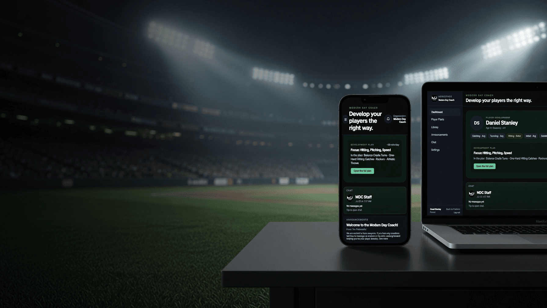 UniteHQ player development plan shown on a laptop and phone under stadium lights.