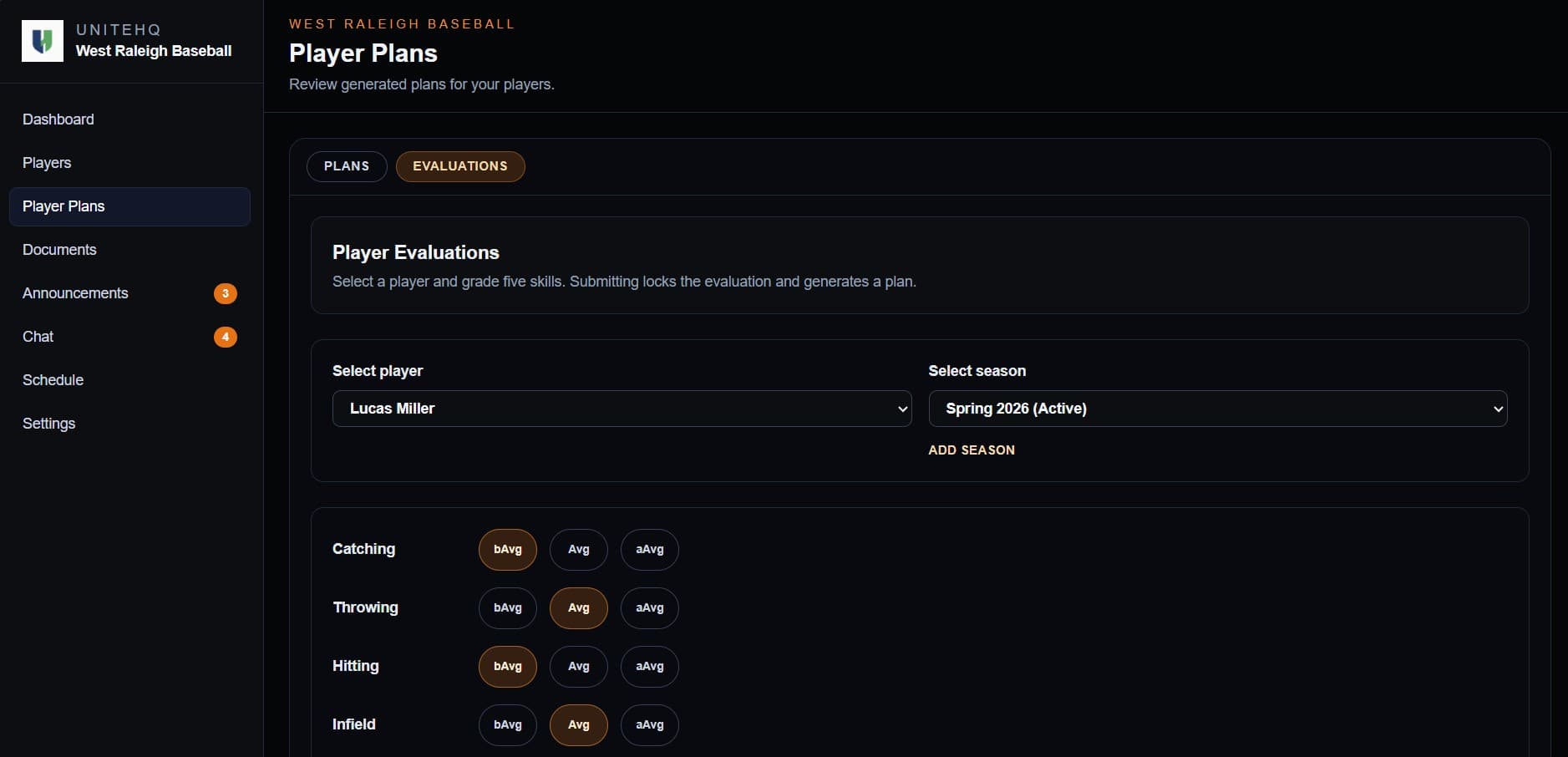 Player evaluation screen